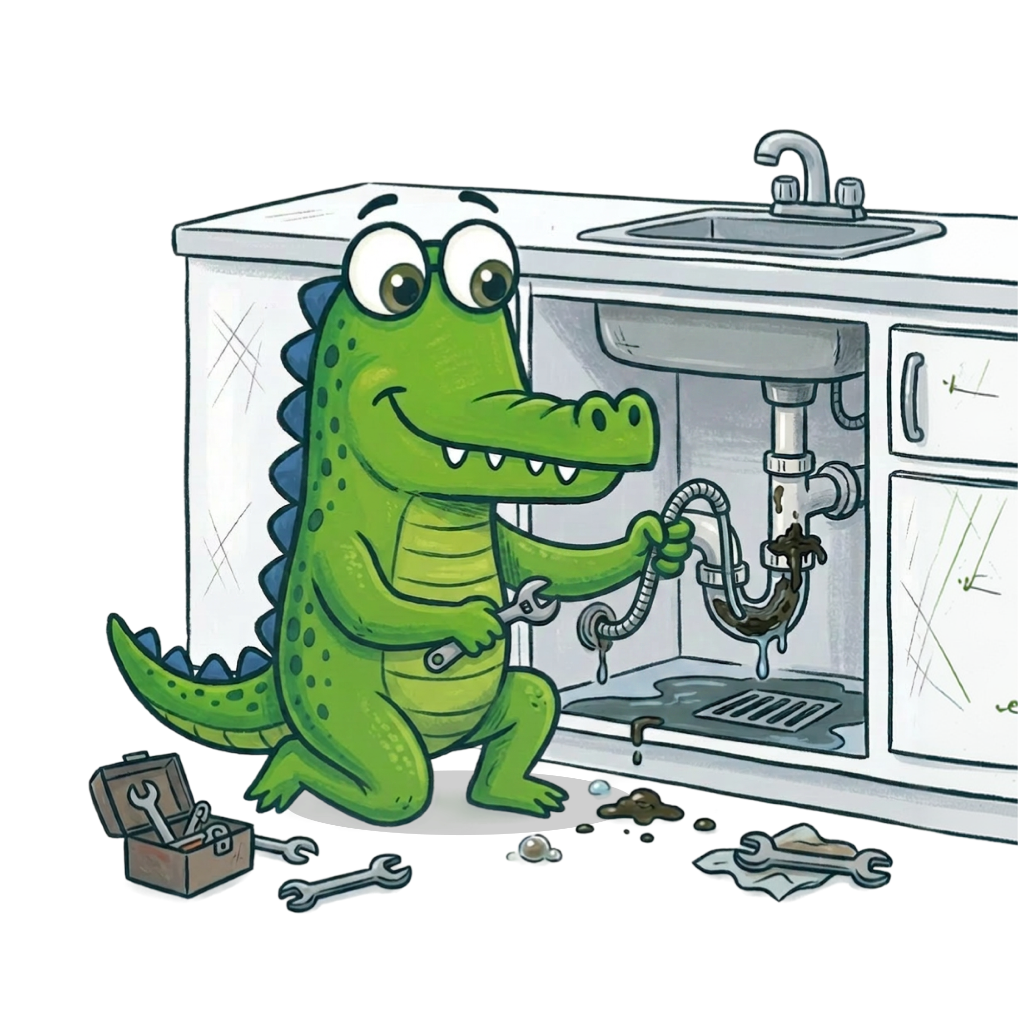 Mr Flow crocodile mascot clearing a blocked kitchen drain